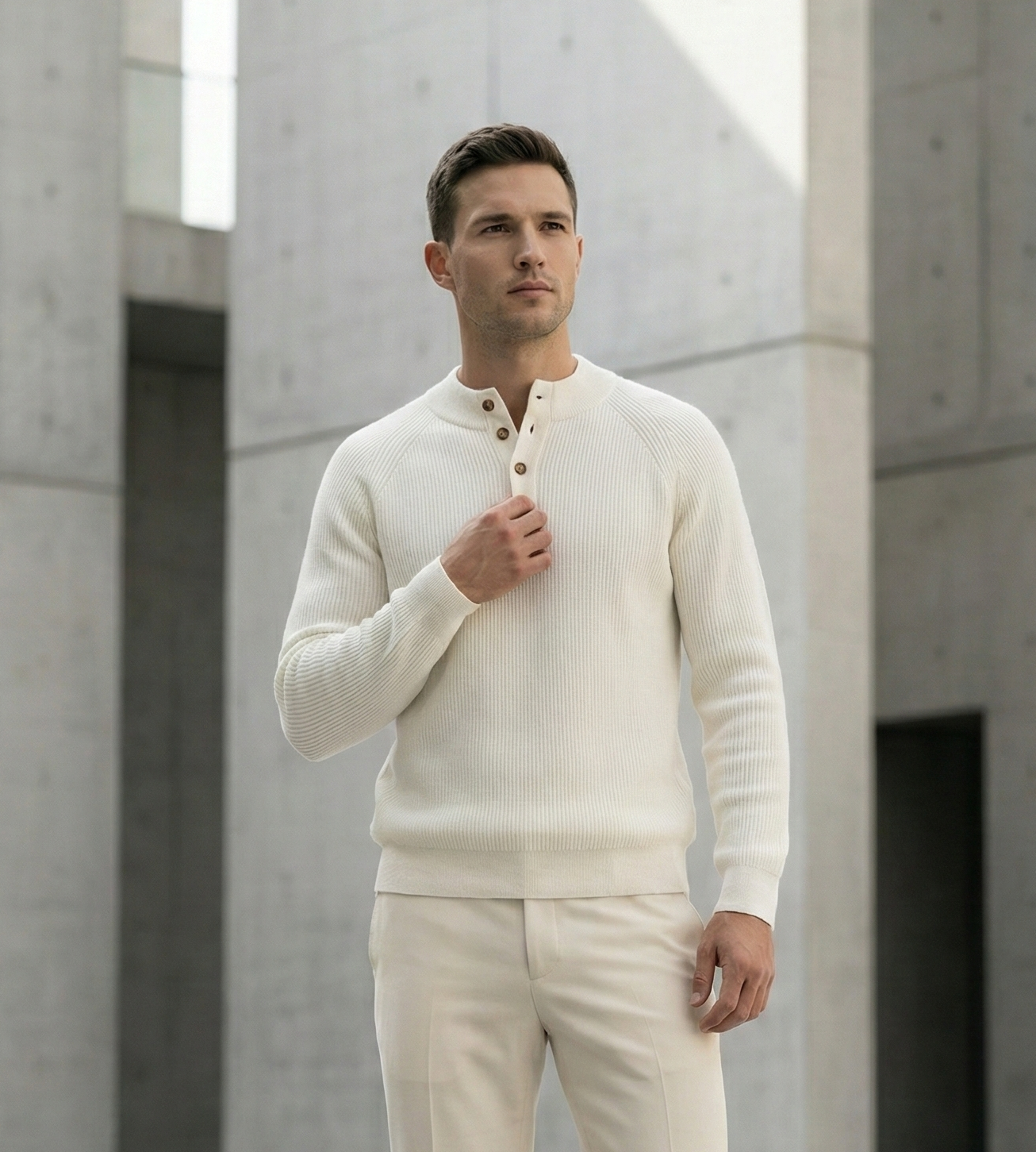 Man wearing a white sweater and beige pants standing in a modern architectural setting.