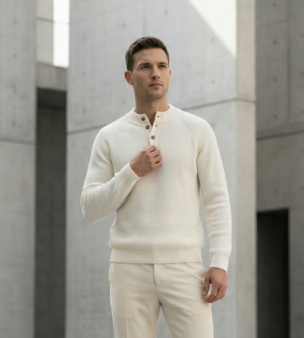 Man wearing a white sweater and beige pants standing in a modern architectural setting.